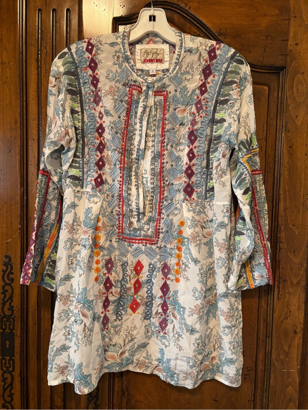Johnny Was Blue and Cream Embroidered Boho Tunic